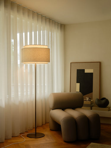 Elegant Beige Brass Floor Lamp – Modern Standing Lamp for Living Room with Fabric Shade 1